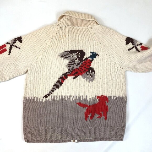 Vintage Cowichan Knitted Zip Sweater Hunter Dog Hunting Pheasant Talon Zipper - Picture 9 of 11